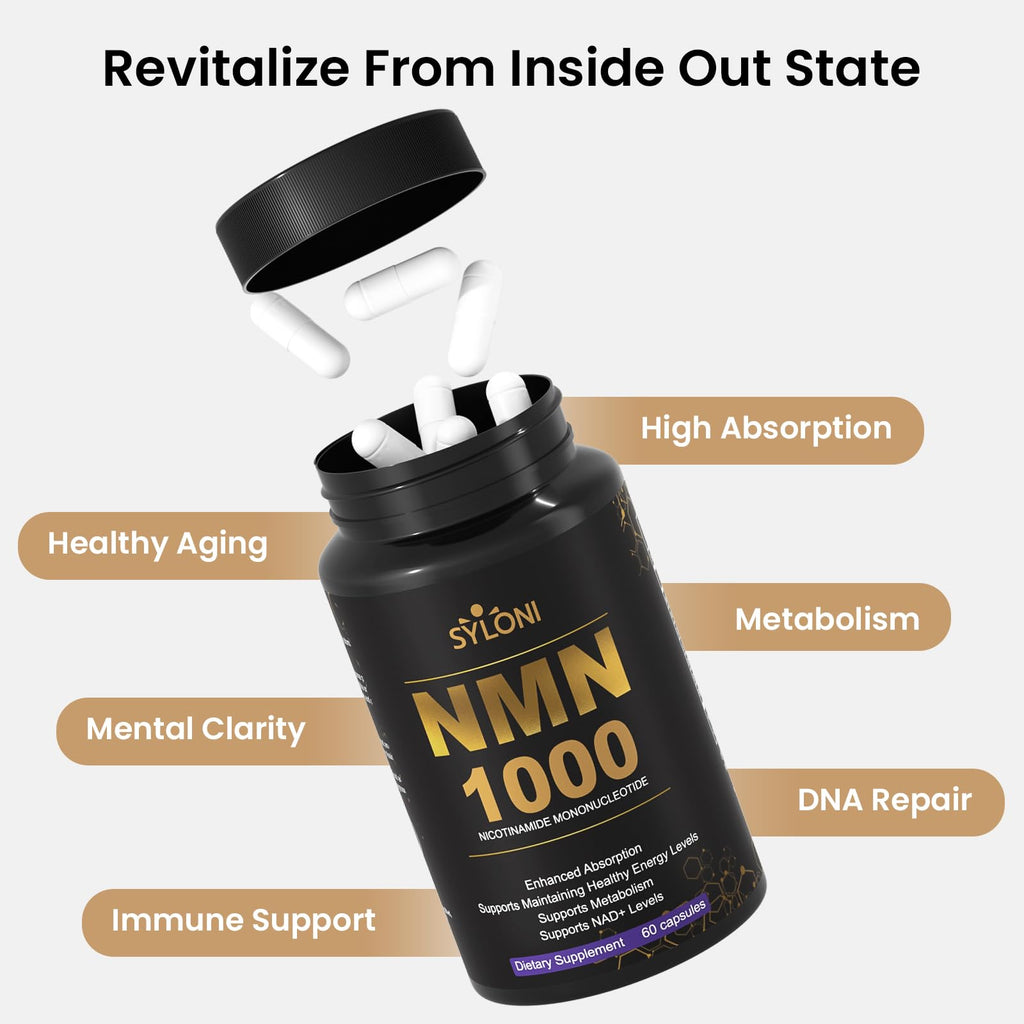 Syloni NMN Supplement 1000mg, 99% Pure NMN 4-in-1 NAD+ Booster with PQQ, CoQ10, L-Ergothioneine, 60 Capsules Nicotinamide Mononucleotide - Anti-Aging, Energy Boost, DNA Repair for Adults, Vegan Syloni Au supplements
