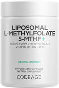 Codeage Liposomal L-Methylfolate 5-MTHF+ - Active Vitamin B9, Methylcobalamin B12, Betaine TMG, B6-2-Month Supply Multivitamins - Liposomal Delivery - Bioavailable B-Vitamin Complex - 60 Capsules Codeage Au supplements