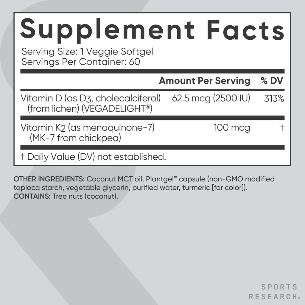 Sports Research® Vitamin D3 + K2 w/Coconut Oil - Vegan Vitamin D 2500iu (62.5mcg) & Mk7 Vitamin K 100mcg for Bone & Immune Support - Vegan Certified