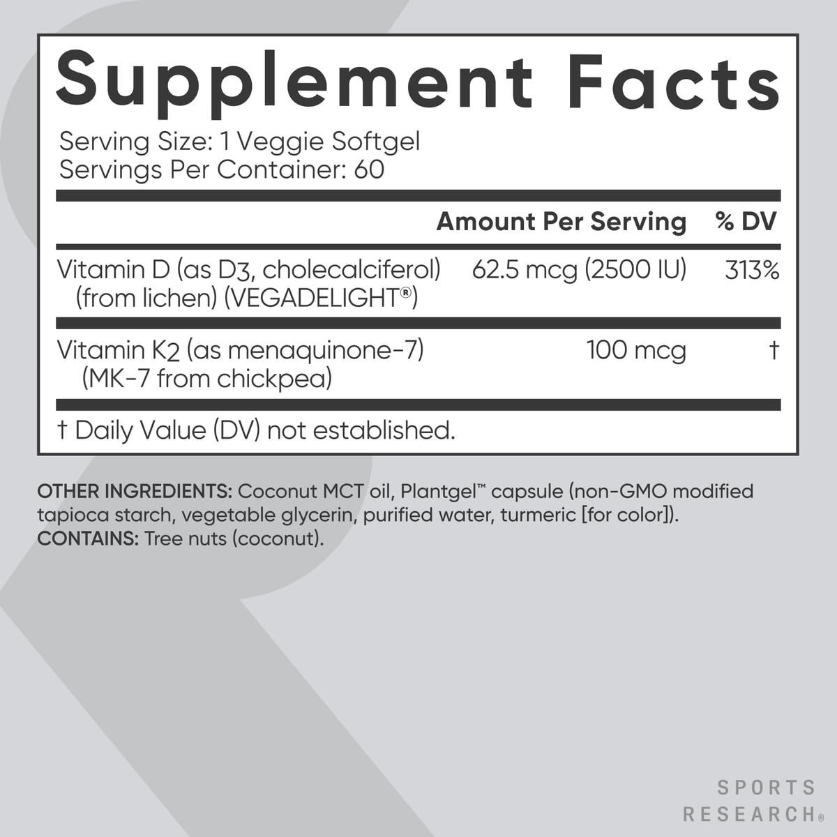 Sports Research® Vitamin D3 + K2 w/Coconut Oil - Vegan Vitamin D 2500iu (62.5mcg) & Mk7 Vitamin K 100mcg for Bone & Immune Support - Vegan Certified