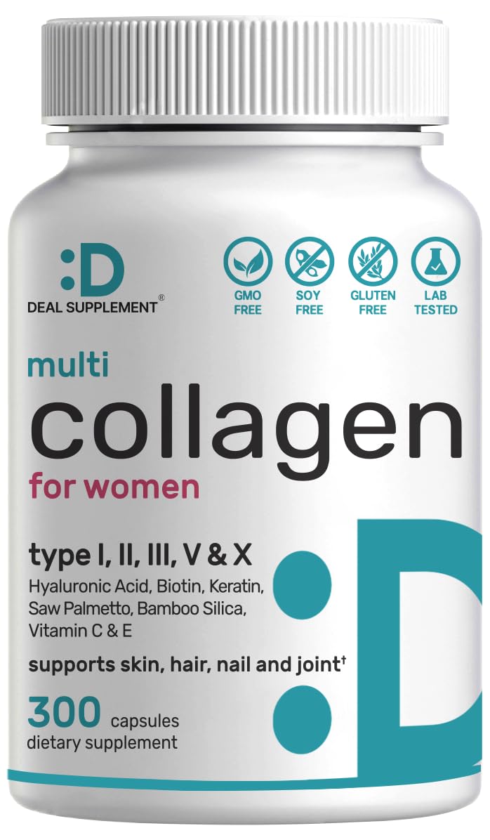 Multi Collagen Pills for Women & Men with Vitamin C, E & Biotin, 300 Capsules – Type I, II, III, V, X Hydrolyzed Collagen Peptides – 11 in 1 Formula with Saw Palmetto