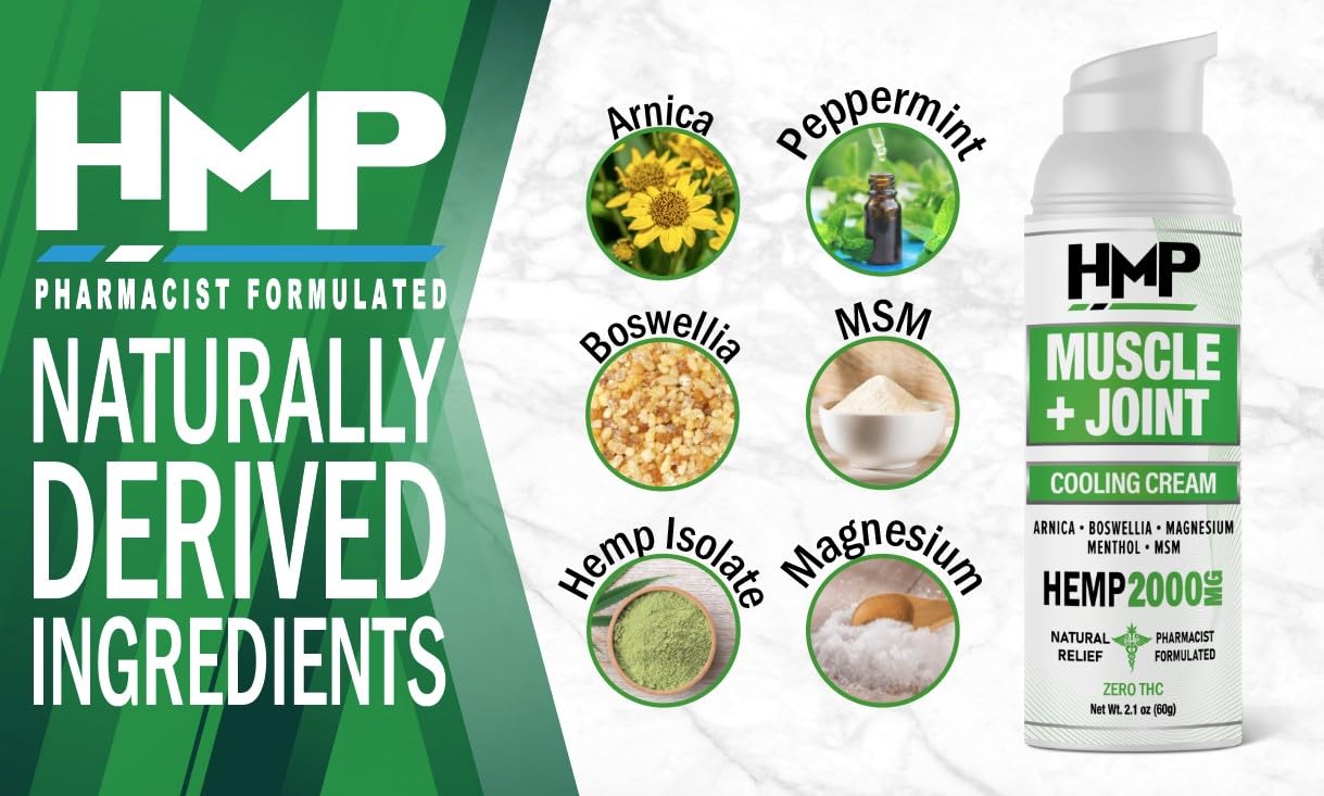HMP BRANDS Hemp Cream Muscle & Joint Support 2000MG Hemp Discomfort Relief Formula w Menthol Ideal for Knee Muscle Joint Back Shoulder Elbow Maximum Joint Support, Natural Formula Made in USA 2.1oz HMP BRANDS Au supplements