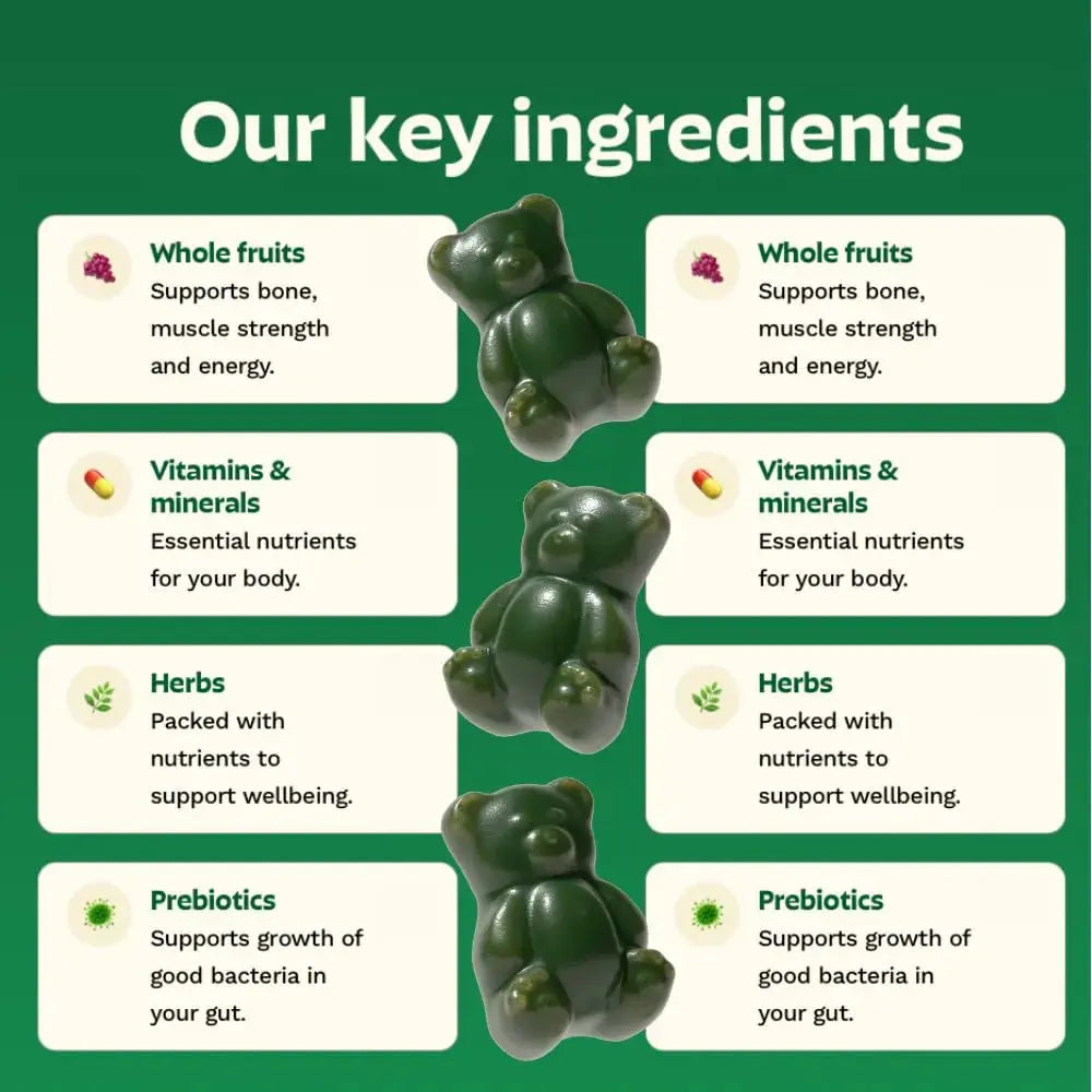 Gruns Adults Super Greens Multivitamin Gummies, Superfood Vitamin Gummy Bears with Spirulina, Chlorella, Prebiotic Fiber for Digestive Health Grüns Au supplements