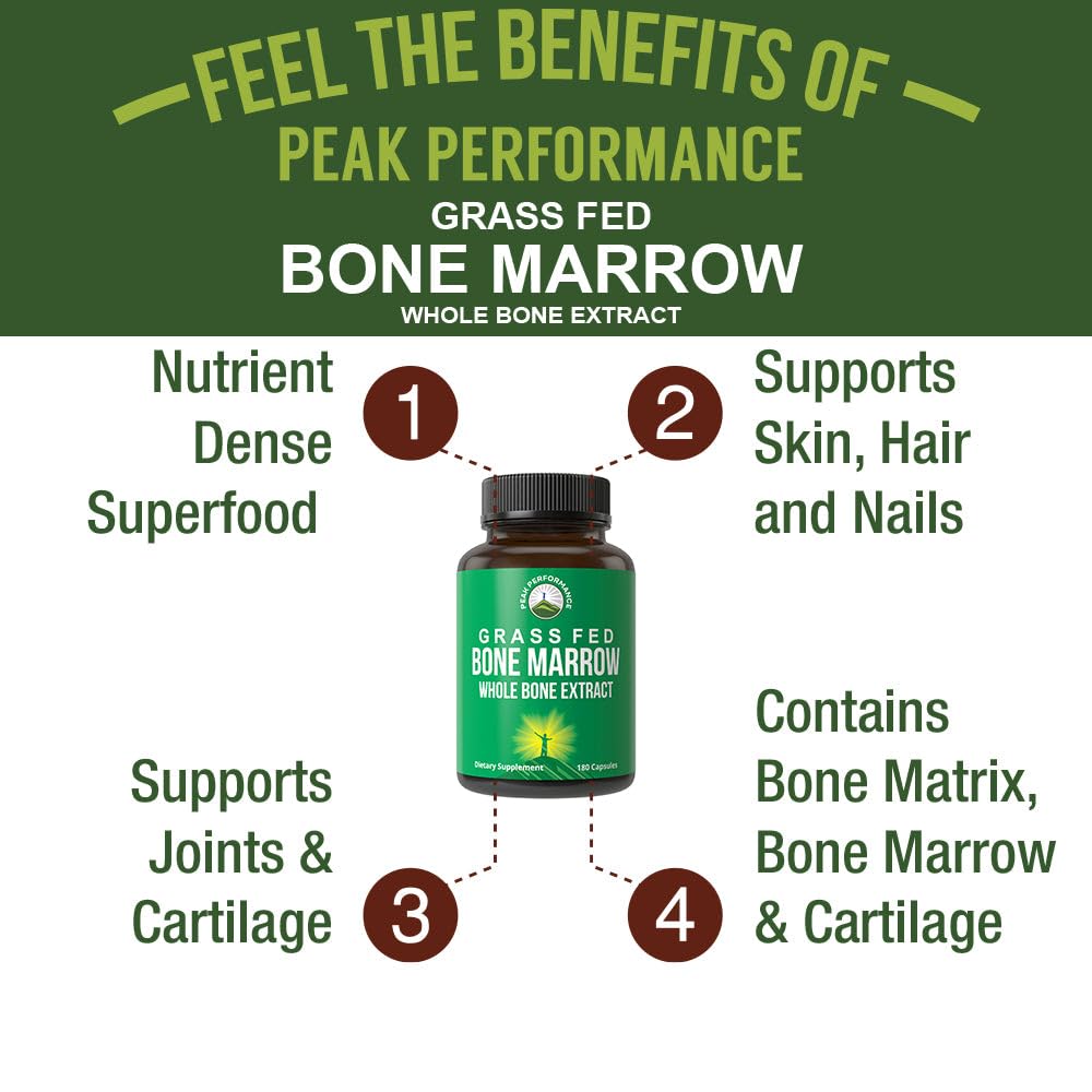 Peak Performance Grass Fed Bone Marrow - Whole Bone Extract Supplement 180 Capsules. Superfood Pills Rich in Collagen, Vitamins, and Amino Acids. from Matrix, Marrow, Cartilage. Ancestral Tablets Peak Performance Au supplements