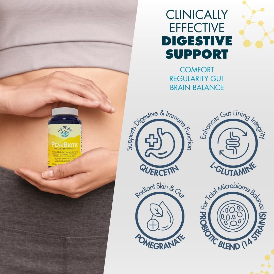 myPEAK PeakBiotic: The Ultimate Vegan Synbiotic with 50 Billion CFU Probiotics Prebiotics Postbiotics Modbiotics and Gut Lining to Enhance Digestion, Skin, and Mood with 2-Month Supply, 60 Capsules myPEAK Au supplements