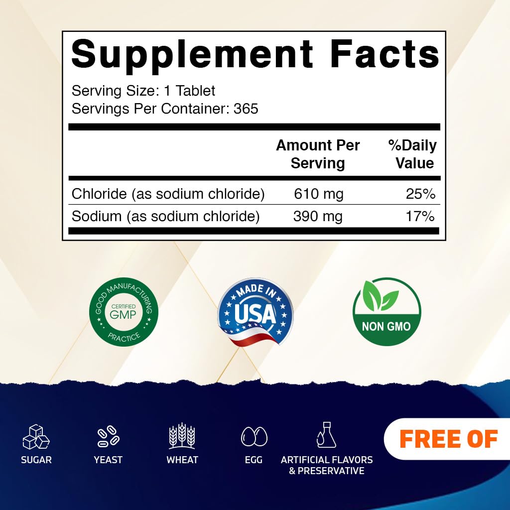 Vitamatic Sodium Chloride 1000mg – 365 Tablets Electrolyte Replenisher & Hydration Support – Non-GMO, Gluten-Free