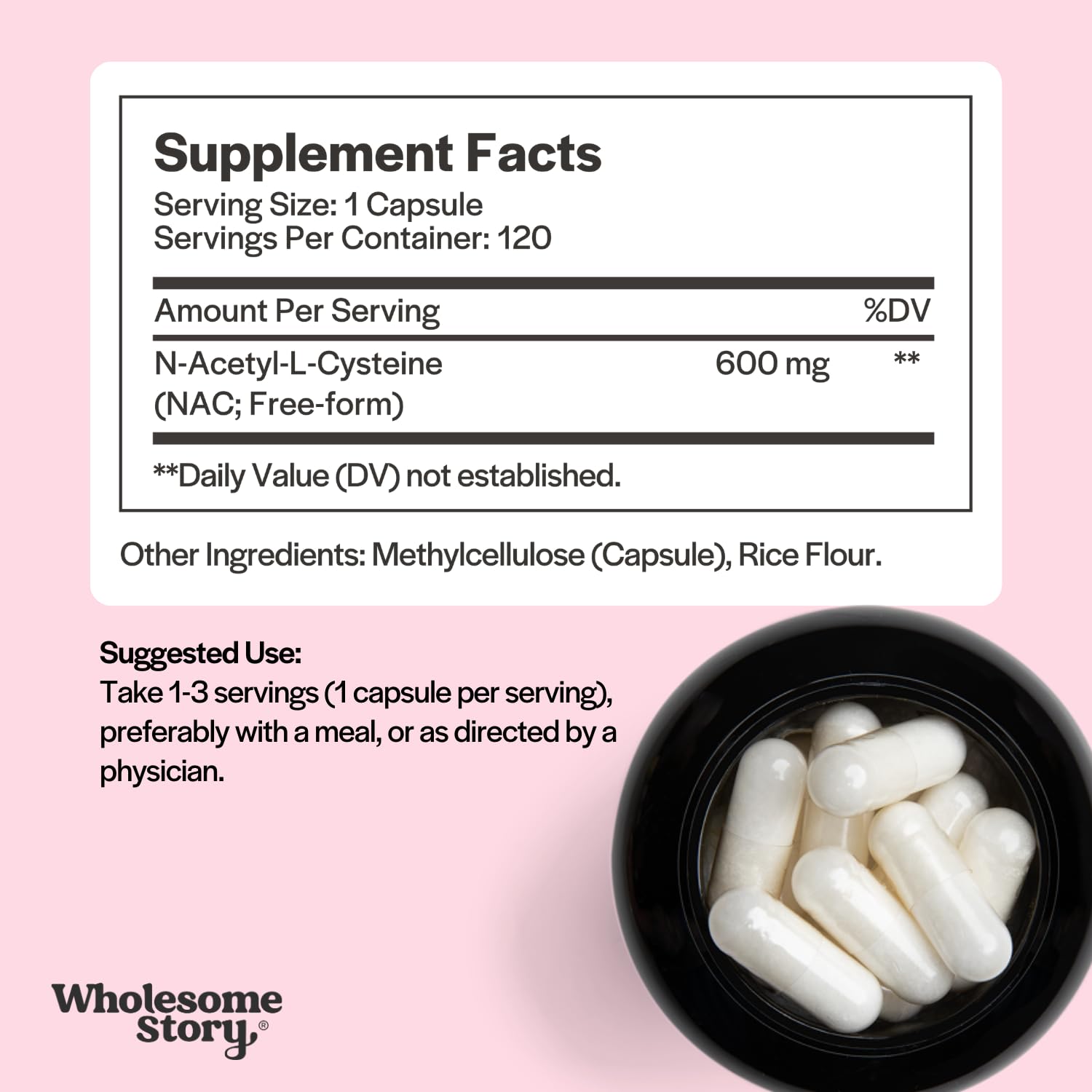 Wholesome Story NAC Supplement N Acetyl Cysteine 600 mg | Liver, Lung & Fertility Support | 120 Capsules | 120 Serving Supply