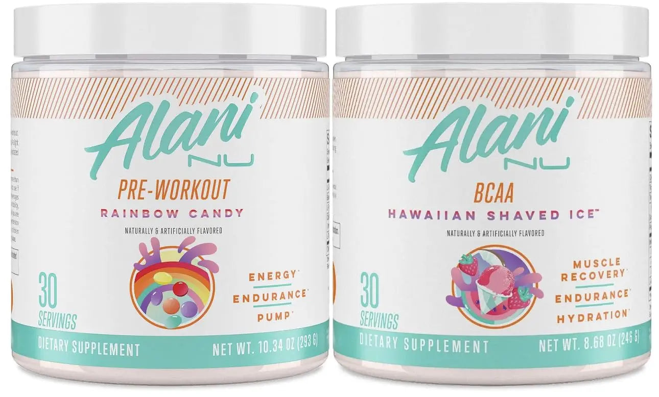 Alani Nu Rainbow Candy Pre Workout and BCAA Hawaiian Shaved Ice Post Workout Powder Alani Nu Au supplements