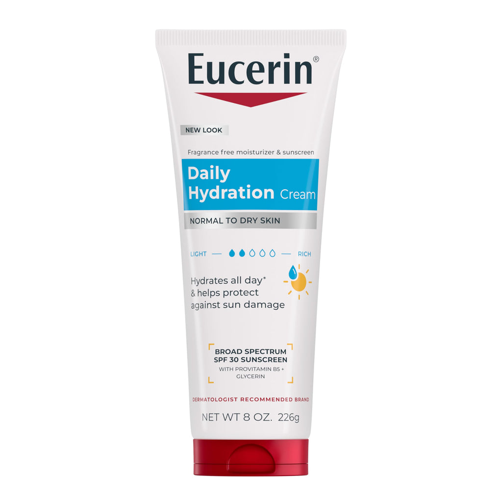 Eucerin Daily Hydration Broad Spectrum SPF 30 Sunscreen Body Cream for Dry Skin, Fragrance Free Sunscreen Moisturizer, 8 Oz Tube