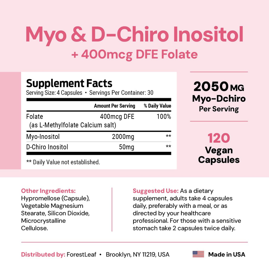 Myo-Inositol & D-Chiro Inositol Supplement for Women's Health | Fertility Supplements Women | Inositol 40:1 Ratio Support Ovarian Function & Healthy Hormone Balance Women | 2050mg | 120 Powder Caps ForestLeaf Au supplements