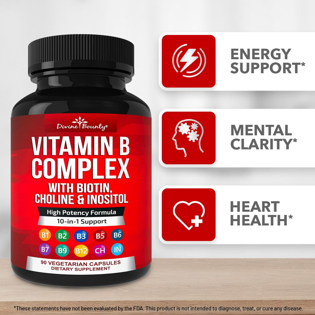 Divine Bounty Super B Complex Vitamins - All B Vitamins Including B12, B1, B2, B3, B5, B6, B7, B9, Folic Acid - Vitamin B Supplement