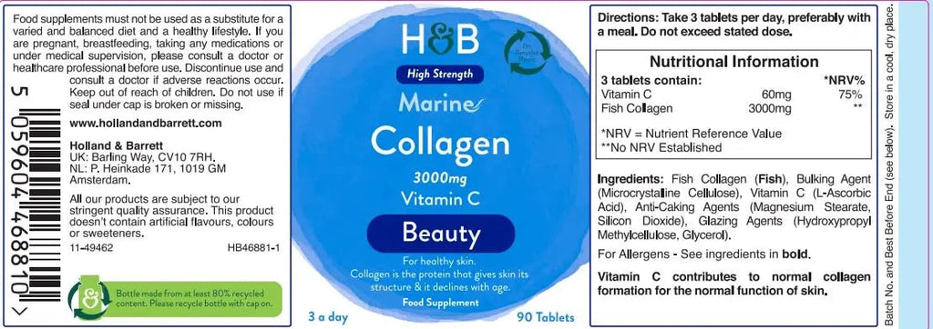 Holland and Barrett Marine Collagen with Vitamin C 3000mg 90 Tablets Holland & Barrett Au supplements