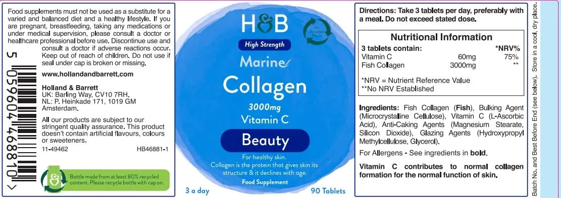 Holland and Barrett Marine Collagen with Vitamin C 3000mg 90 Tablets Holland & Barrett Au supplements