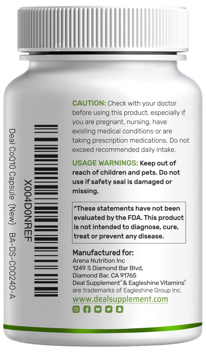 DEAL SUPPLEMENT CoQ10 100mg with Omega 3 100mg, 240 Capsules | Bioavailable Coenzyme Q10 Formula | Non-GMO