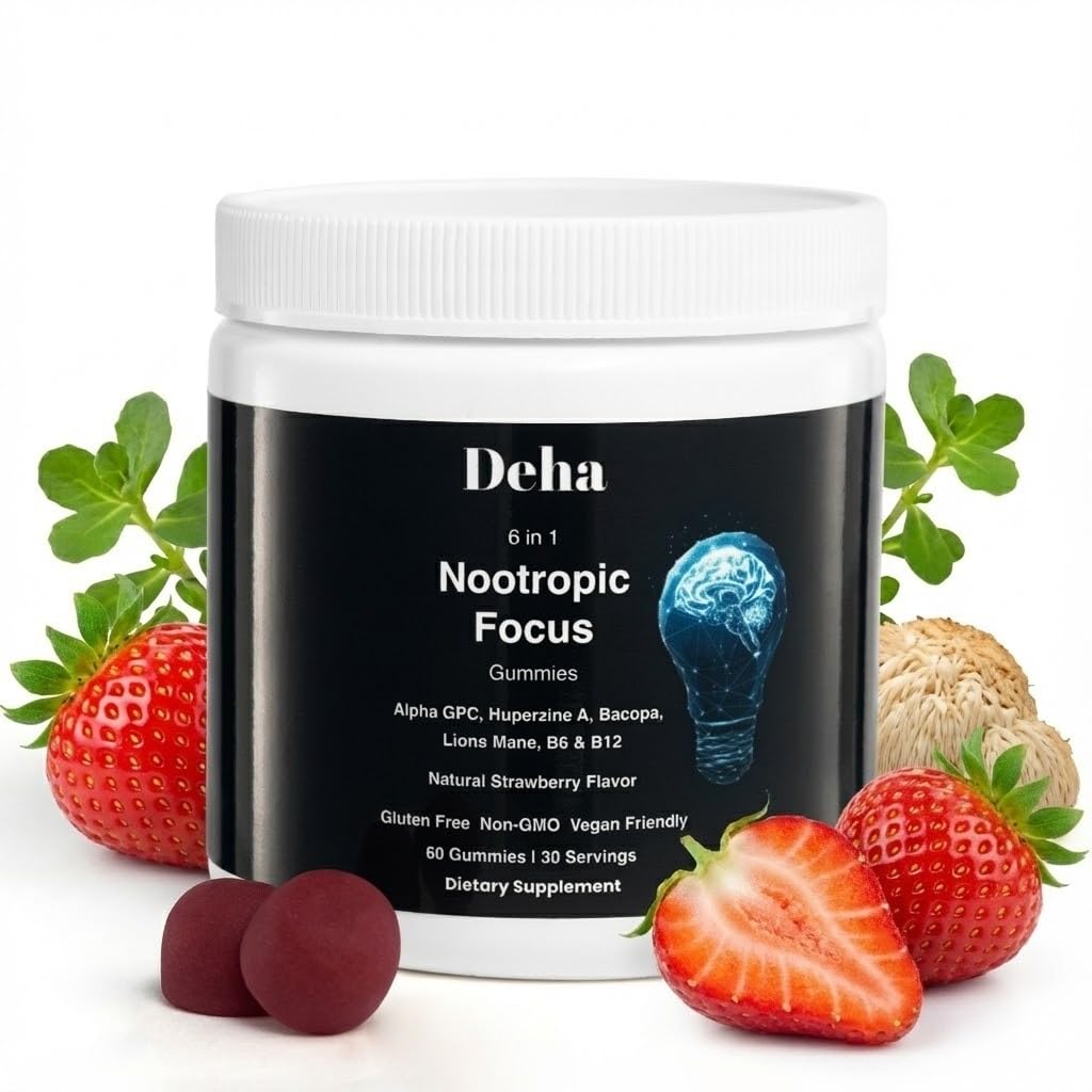 Deha Focus Gummies Nootropic Brain Supplement with Vitamin B6 Vitamin B12, Alpha GPC, Huperzine A, Bacopa Monnieri, Lions Mane Mushroom Gummies – Vegan, Non-GMO, Gluten-Free – 60 Gummies Deha Au supplements