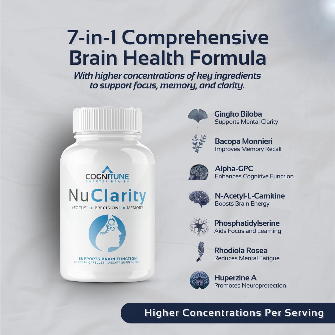 CogniTune NuClarity Brain Supplement for Memory and Focus - Caffeine-Free Nootropic for Mental Clarity Without Jitters - with Ginkgo Biloba, Bacopa Monnieri, Alpha-GPC for Cognitive Support CogniTune Au supplements