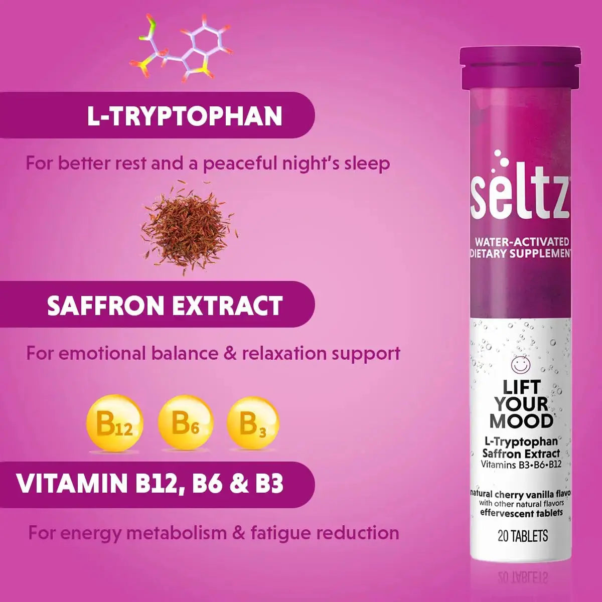 Seltz® Lift Your Mood – Effervescent Vitamins for Mood Support & Energy with L-Tryptophan, Saffron Extract & B Vitamins (B3, B6, B12) Seltz Au supplements