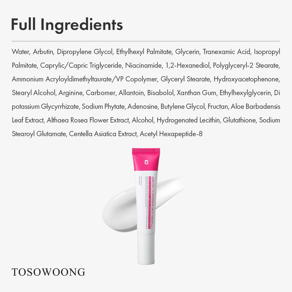 TOSOWOONG Arbutin 7% Intensive Spot Cream with 70,000ppm Arbutin, 3% Tranexamic Acid, 1% Niacinamide, Glutathione, Dark Spots