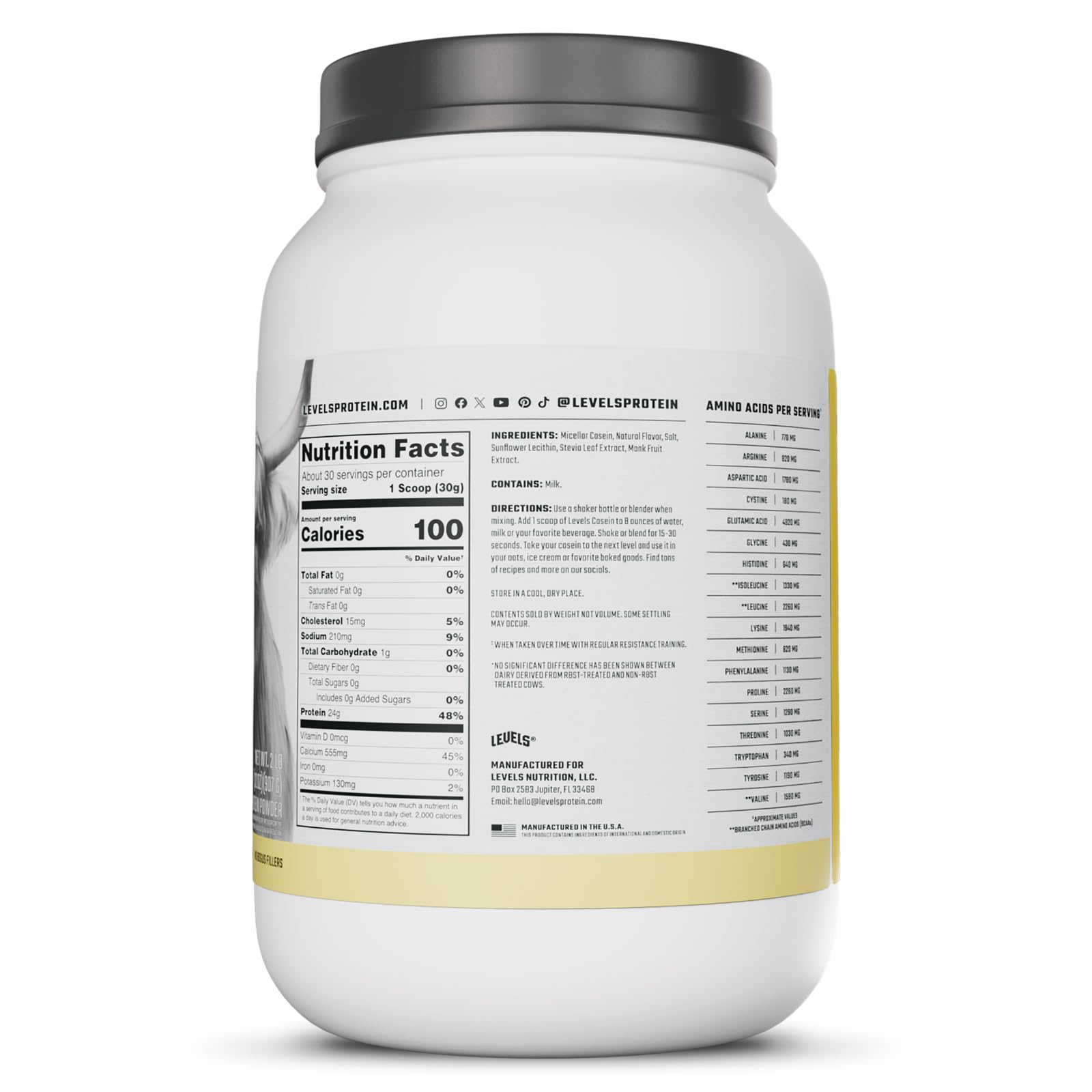 Levels 100% Micellar Casein Protein, Hormone Free, Vanilla Bean, 2LB