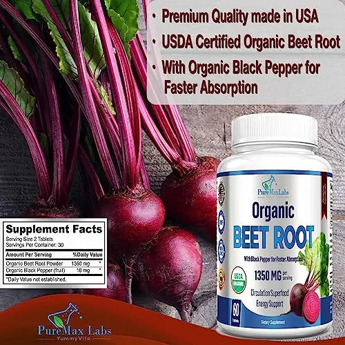 YUMMYVITE Organic Beet Root Powder Tablets - 1350mg with Black Pepper for Faster YUMMYVITE Au supplements