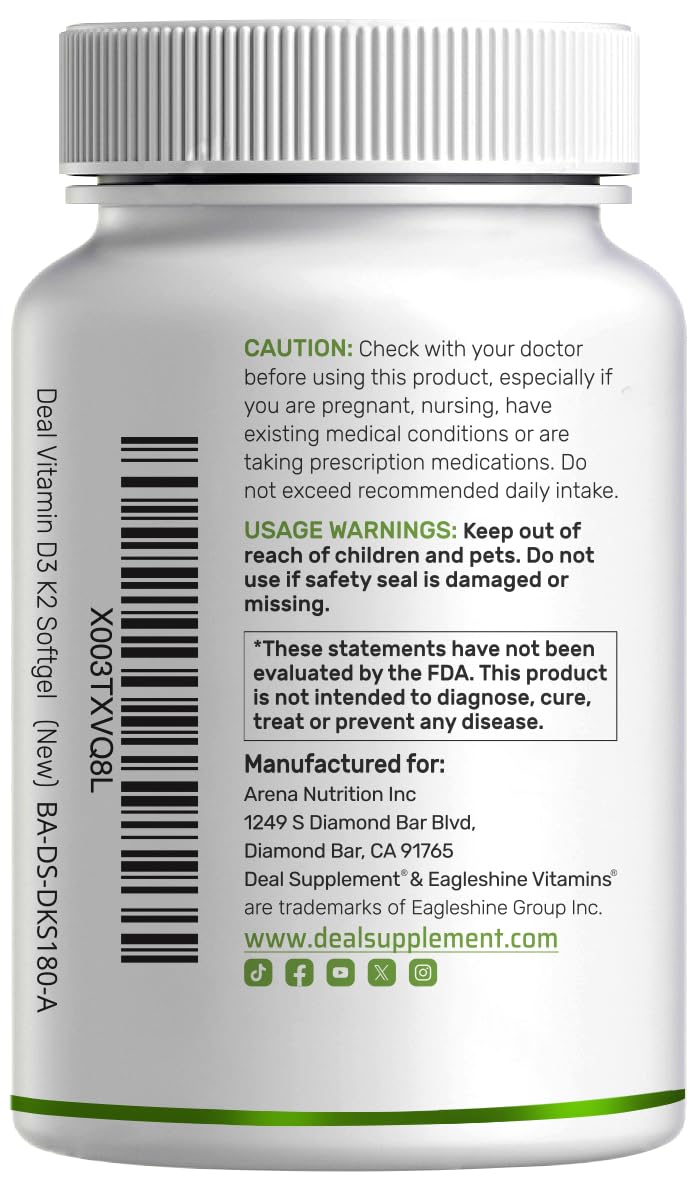 DEAL SUPPLEMENT Vitamin D3 5,000 IU + K2 MK7 Softgels, 250 Count | 2-in-1 Complex | Easy to Swallow