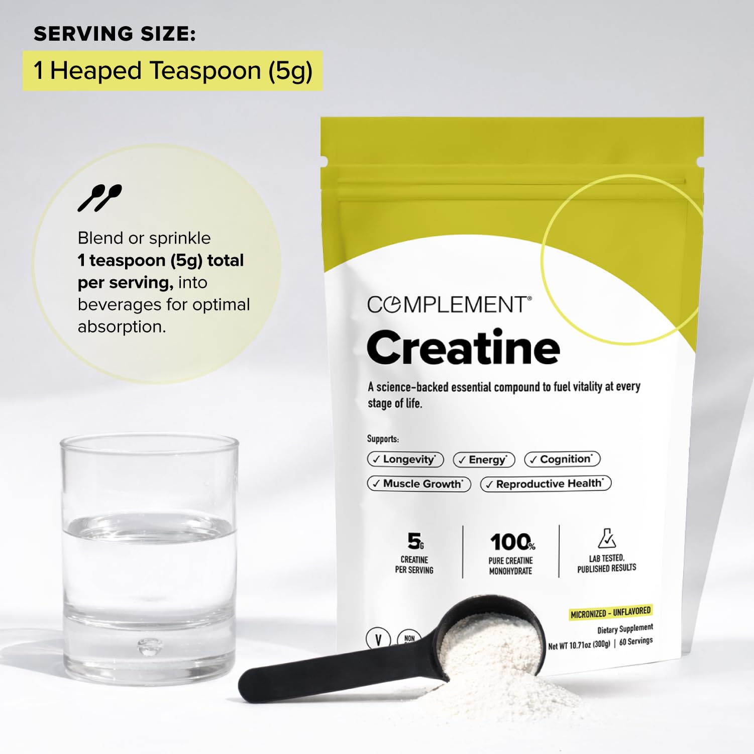 Complement Creatine Monohydrate Micronized Powder for Women and Men (5g, 60 Servings) Pre Workout, Post Workout, Muscle Recovery, Brain Health, Longevity- Vegan, Unflavored Complement Au supplements