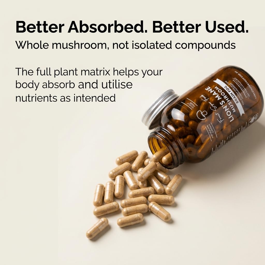 Forest Super Foods Lions Mane Supplement Capsules (120 Capsules) Organic Lions Mane Mushroom | Memory Lift Brain Supplement for Focus and Productivity. Lion Mane, Grown & Made in Australia