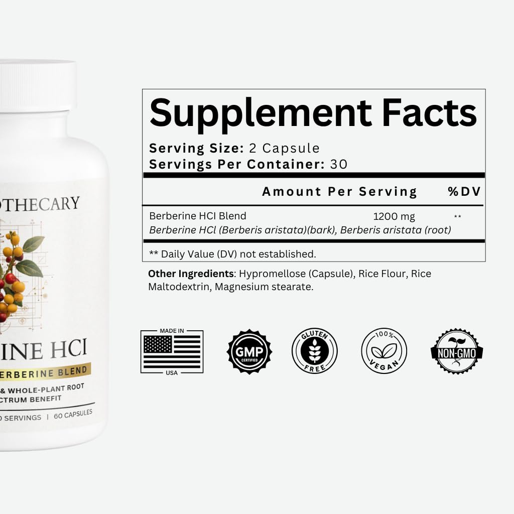 Dear Apothecary Berberine HCl 1200mg Supplement - Dual Source Bark & Root Extract - Berberis Aristata - USA Grown Botanical Extract