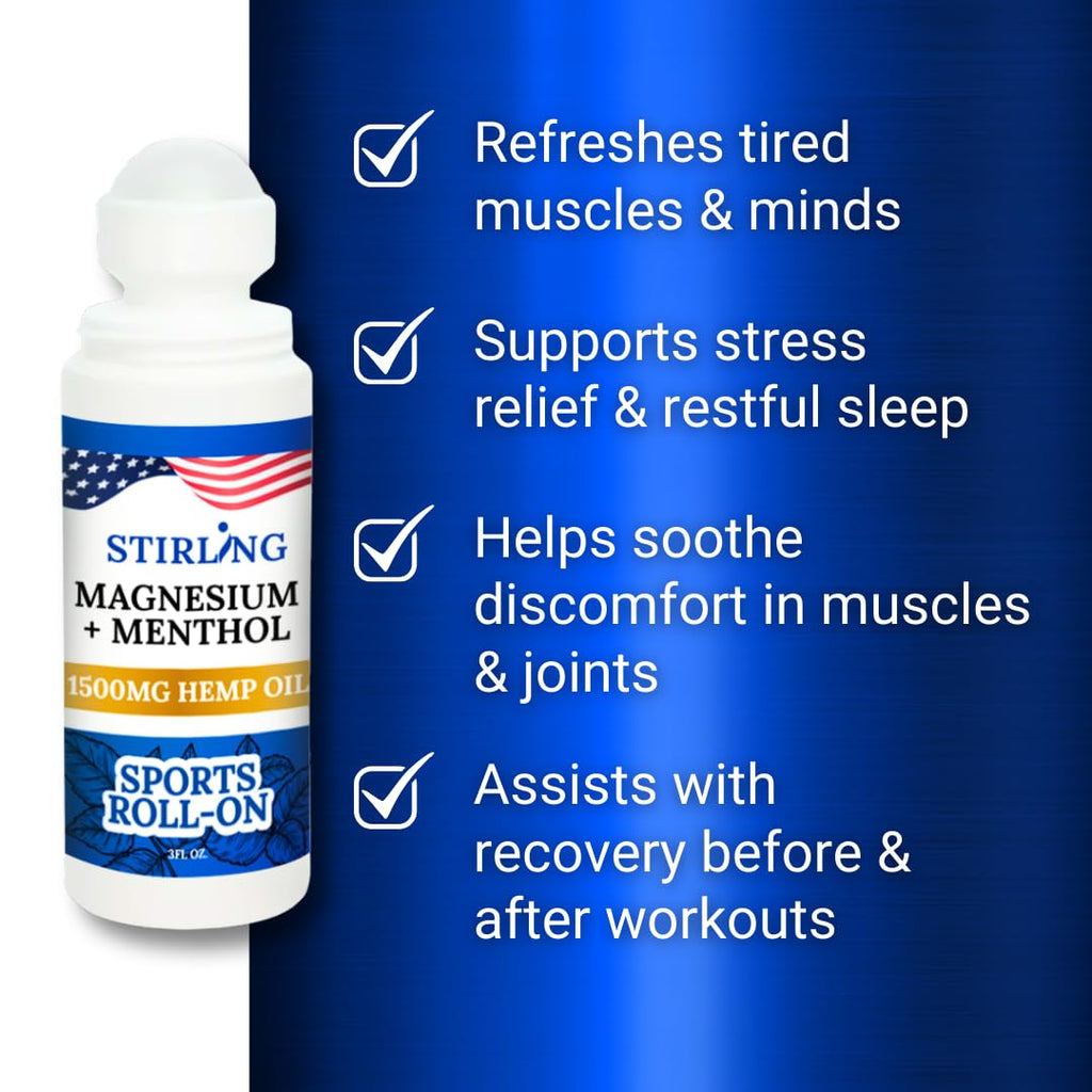 Stirling Menthol Roll On Lotion with Magnesium and 1500mg Pure Hemp - Non-GMO, THC-Free - Fast-Acting Relief for Sore Muscles and Joints, Reduces Swelling and Redness, Promotes Post-Workout Recovery STIRLING Au supplements