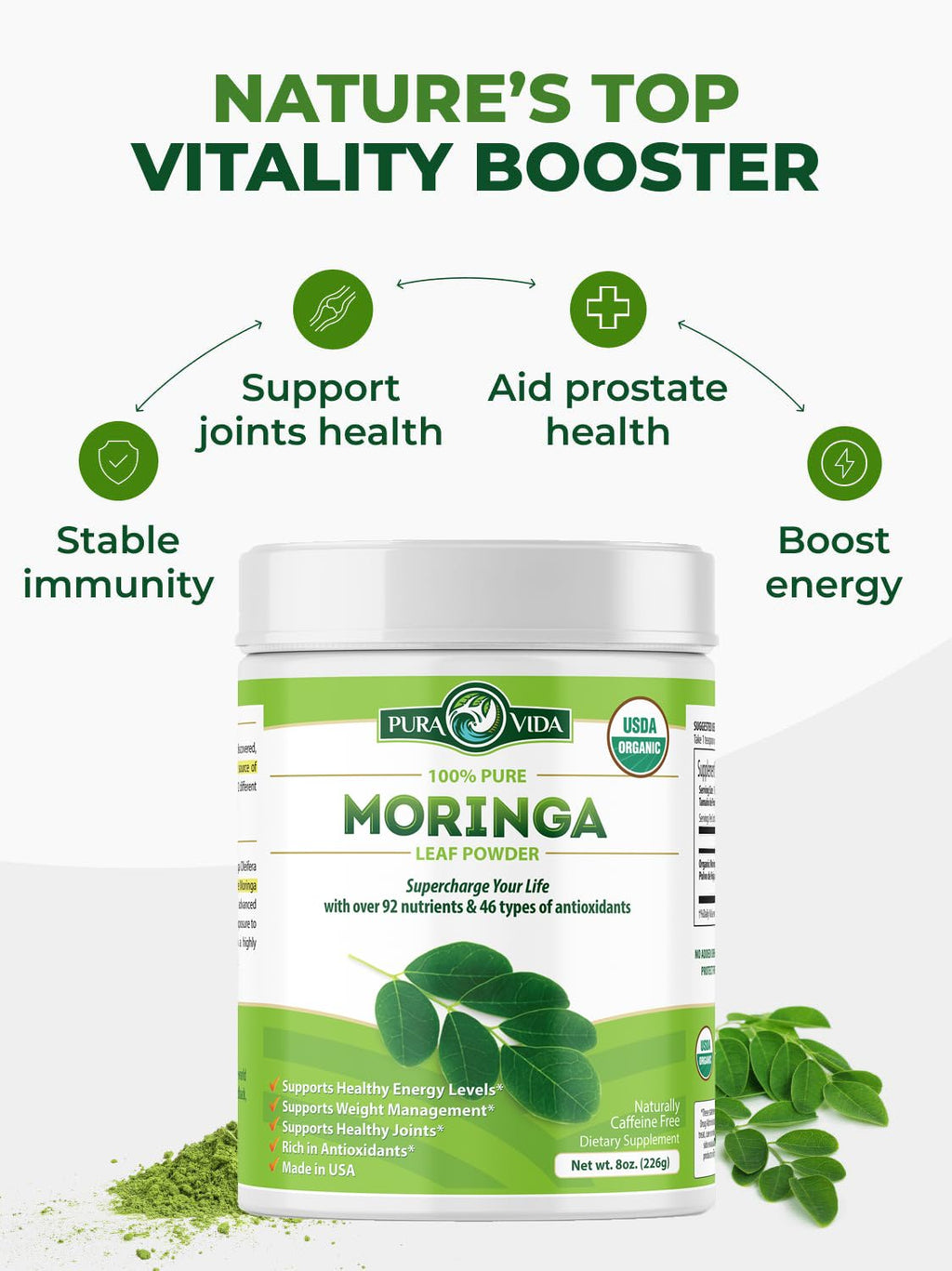 PURA VIDA MORINGA Organic Moringa Powder, Premium 100% Leaf Powder Single Origin - USDA Organic Moringa Oleifera Leaf