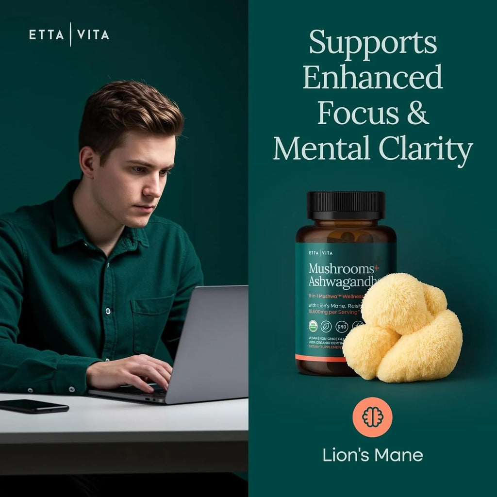 USDA Organic Lions Mane Supplement Capsules with Ashwagandha, Chaga, Reishi, Cordyceps, Turkey Tail (18,600mg/serv) 10x Adaptogenic Mushroom Complex as Focus Supplement - Energy, Immunity & Nootropic Etta Vita Au supplements