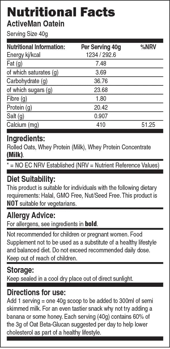 ActiVeman Oatein- 20g Protein per Serving- High in Fibre- Delicious On-The-Go Bio-Synergy Au supplements