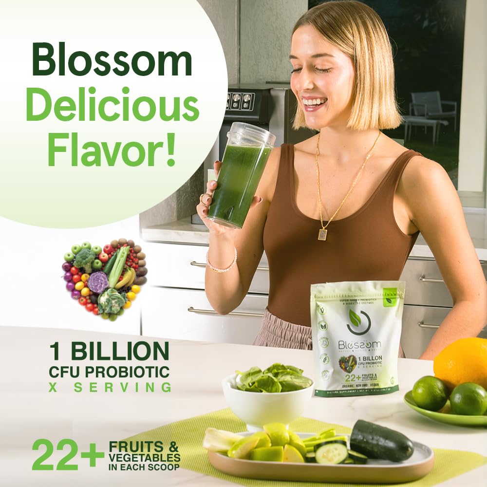 Blossom SuperGreens Probiotics – Digestive Enzymes with Pre/ProBiotics for Bloating Relief – 30+ SuperGreens & SuperReds to Boost Energy –Organic, Gluten-Free, No Fiber, 0g Sugar (Lemon Citrus) BRANIA Au supplements