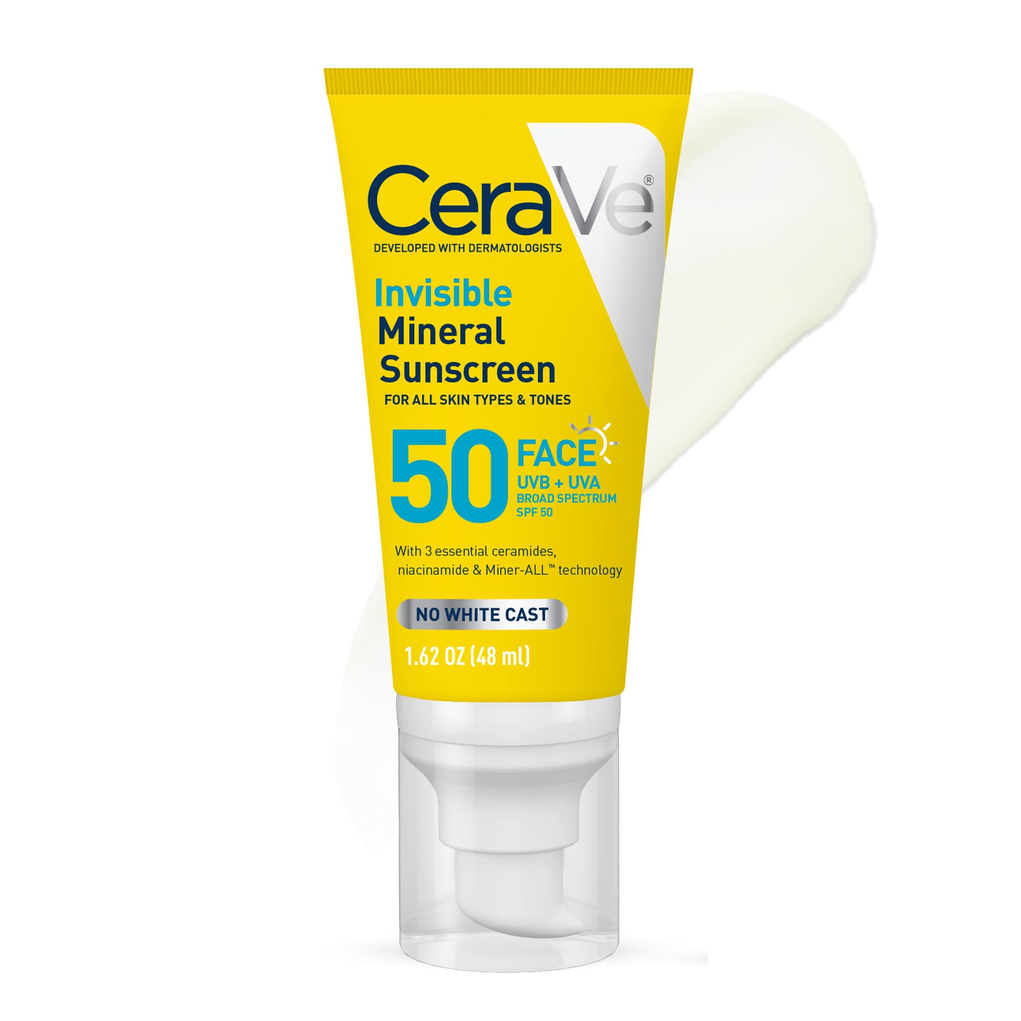 CeraVe Invisible Mineral Sunscreen SPF 50, Face Sunscreen for Sensitive Skin With Zinc Oxide & Titanium Dioxide, Vitamin E
