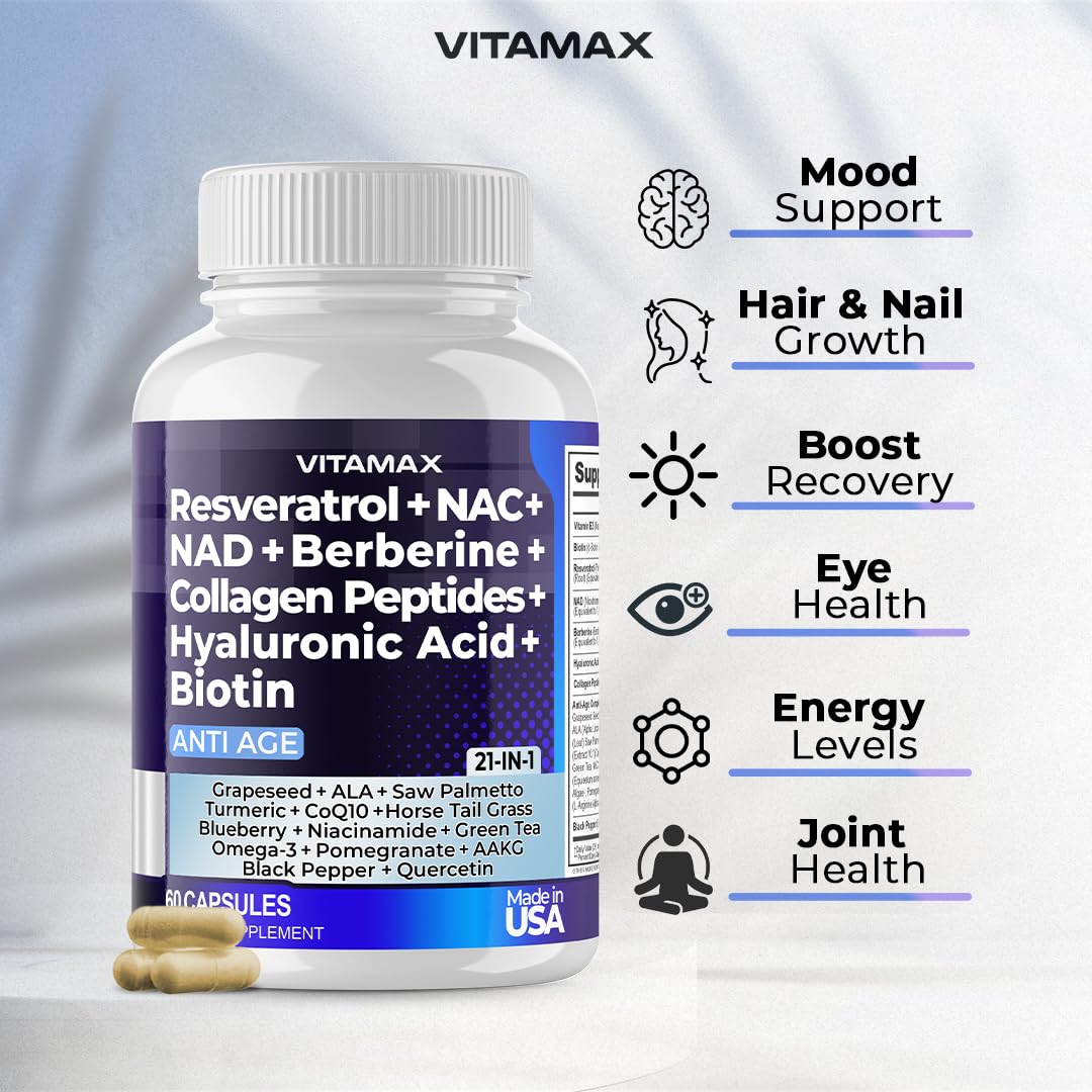 Resveratrol NAD+ Berberine Hyaluronic Acid - Biotin Grape & Blueberry + NAC - Collagen Peptides - Hair, Nail, Skin & Joint Supplement - 21-in-1 Women and Men