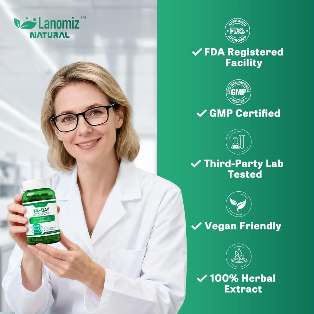 Lanomiz 14DAY Appetite & Craving Control Gut Health Complex Featuring Delayed-Release Probiotics & White Kidney Bean Extract 5-HTP
