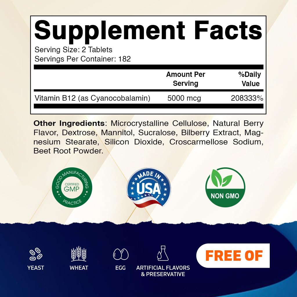 Vitamatic Vitamin B12 5000 mcg – 365 Fast Dissolve Tablets Berry Flavor – Supports Energy Production & Nervous System Health