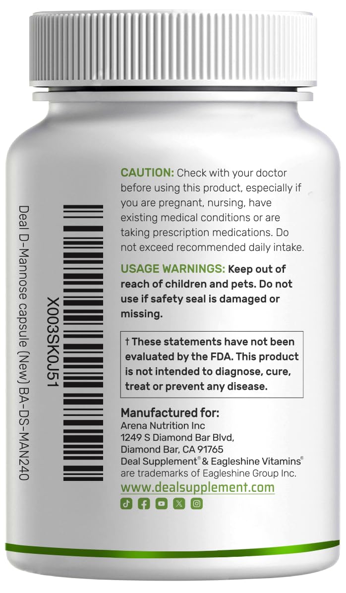 DEAL SUPPLEMENT D Mannose 500mg Capsules (2,000mg Per Serving), 240 Veggie Pills – Fast Acting Water-Soluble Form – Extra Strength Urinary Tract (UTI) Health Support – Non-GMO, Vegan Friendly DEAL SUPPLEMENT Au supplements