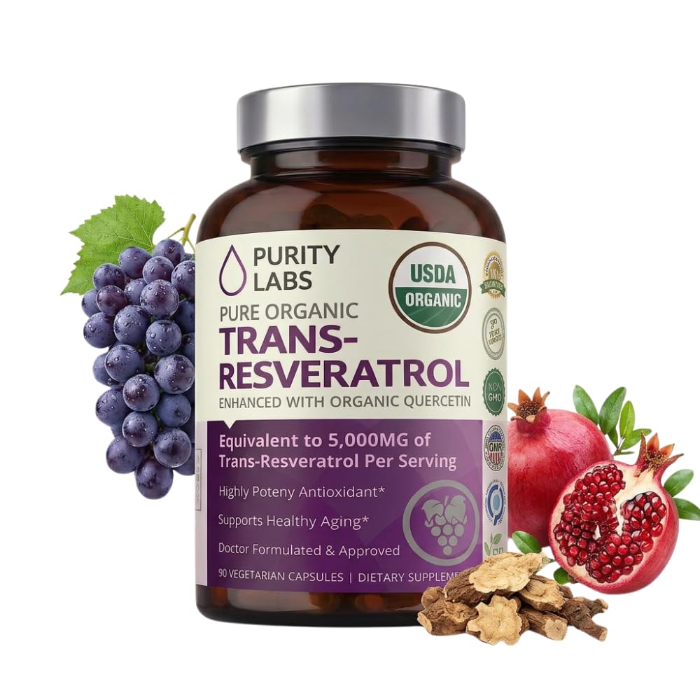 Purity Labs Trans-Resveratrol Supplement 5,000 mg Equivalent per Serving with Quercetin, USDA Organic High Potency Antioxidant,