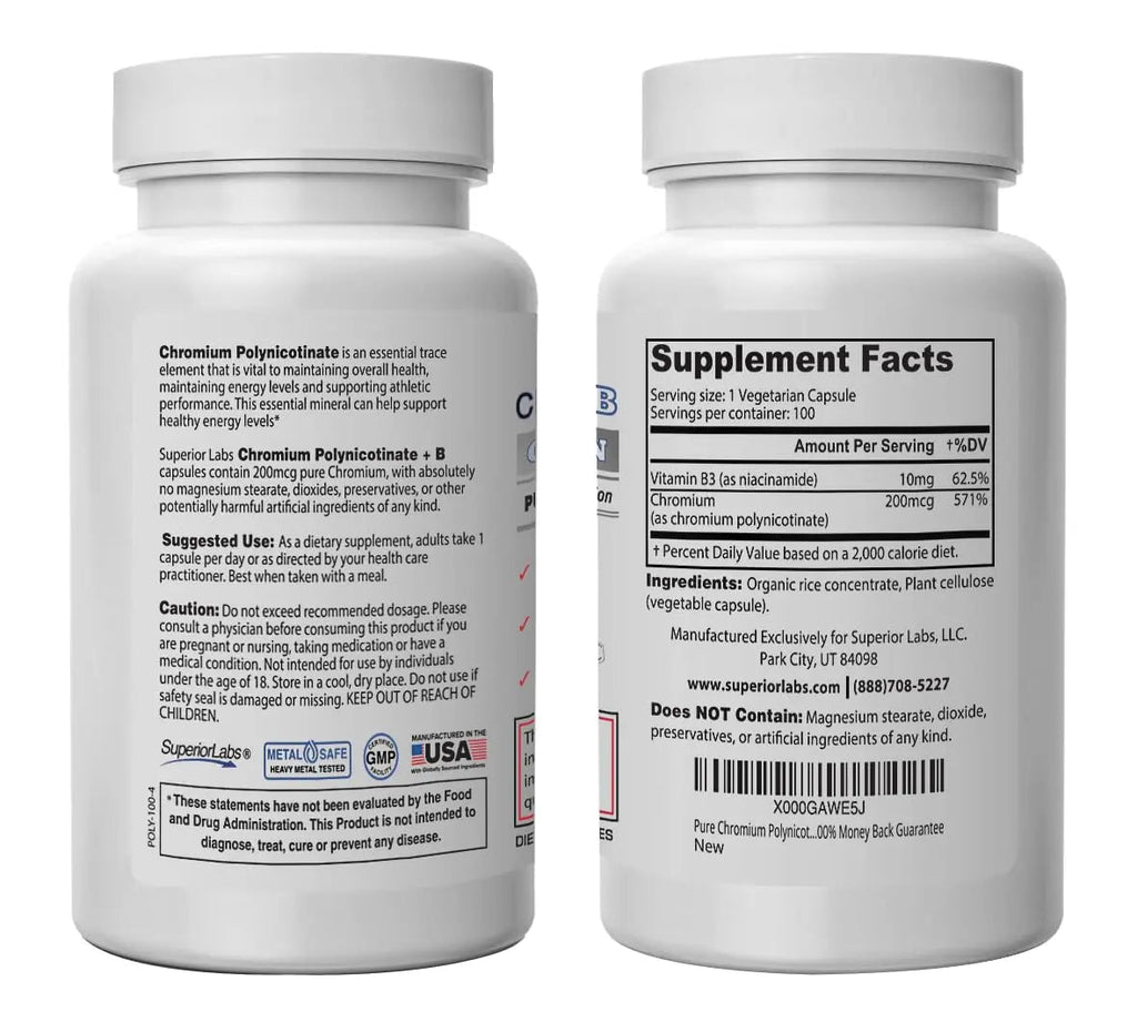 Pure Chromium Polynicotinate Supplement - Made in USA - 200mcg + Vitamin B3 for Optimal Superior Labs Au supplements