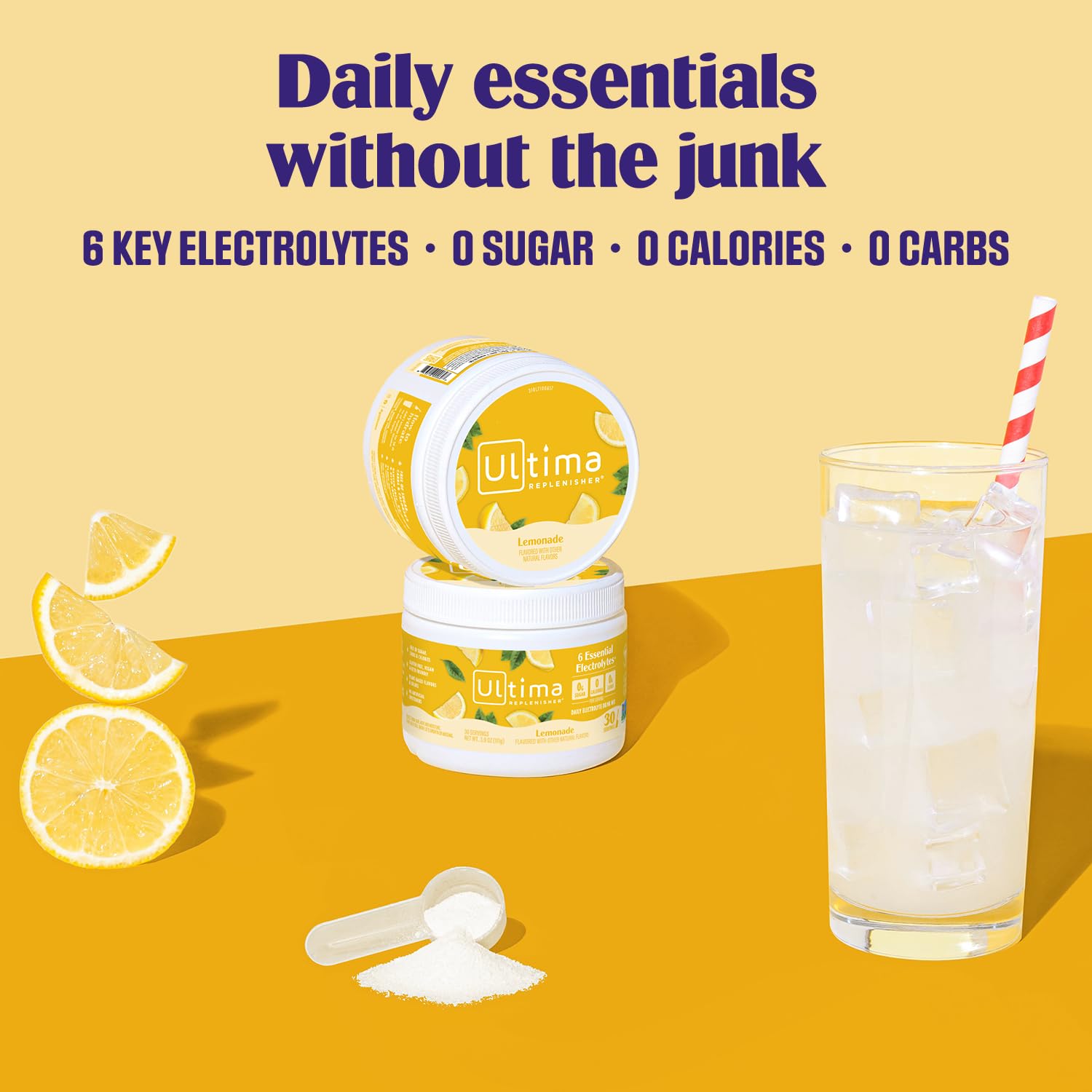 Ultima Replenisher Daily Electrolyte Powder Drink Mix – Lemonade, 30 Servings Canister – Zero Sugar Hydration Powder with 6 Electrolytes & Minerals