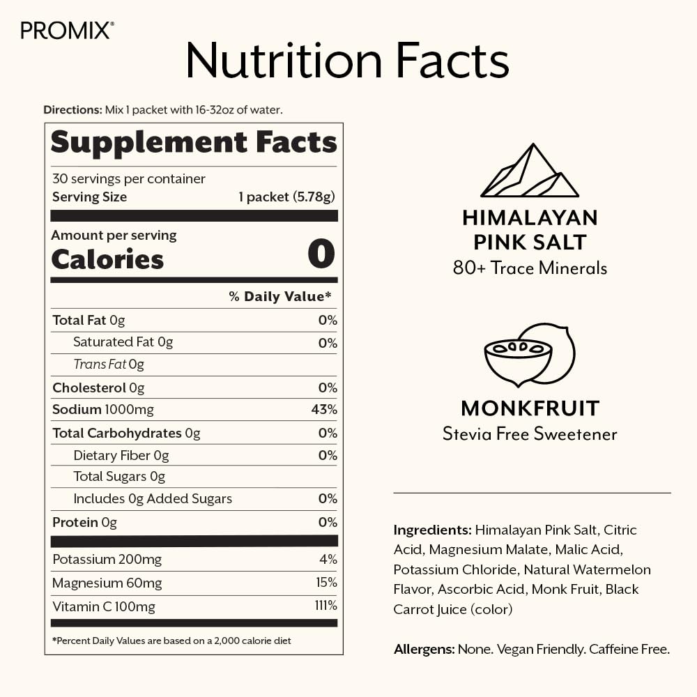 ProMix Nutrition Electrolytes Powder Hydration Packets - Himalayan Pink Salt, Magnesium, Potassium, Vitamin C - Salted Watermelon,