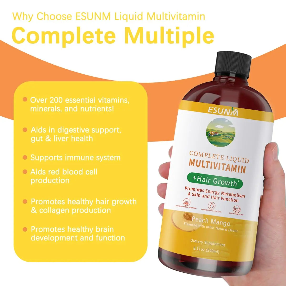 ESUNM Complete Liquid Multivitamin + Hair Growth, Promotes Energy Metabolism& Skin and Hair Function| Vitamin C D | B Vitamins | ESUNM Au supplements