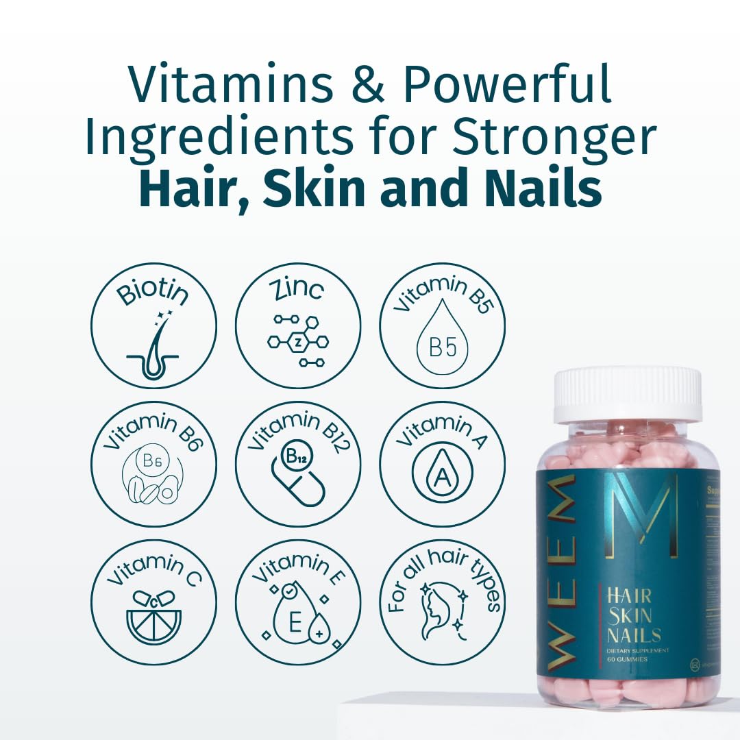 WEEM Hair Skin and Nails Gummies - Supports Healthy Hair - Vegan biotin Vitamins for Women & Men Supports Faster Hair Growth,