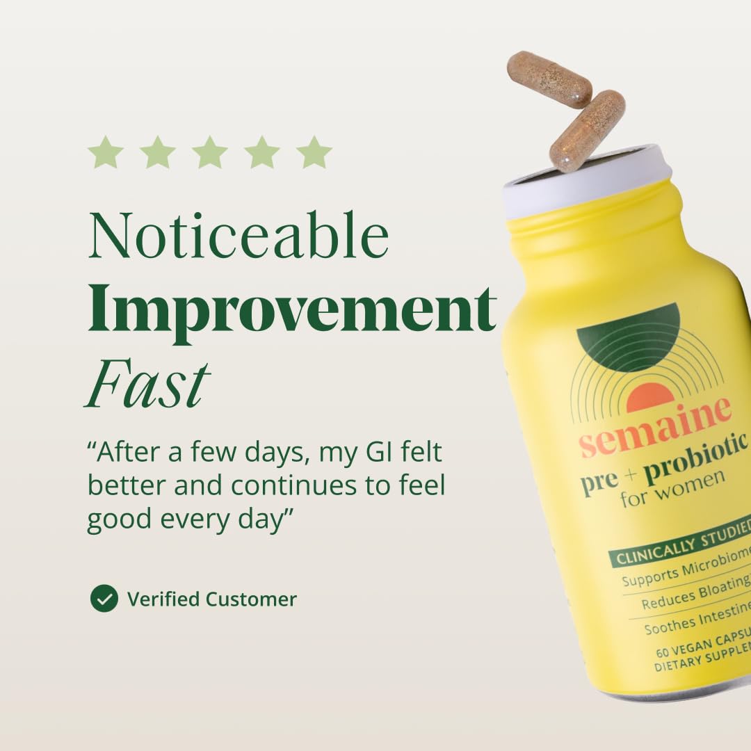 Semaine Super Powered Prebiotic + Probiotic for Women, Effective 3-in-1 Multi-Action Formula to Nourish Gut Health, Soothe IBS, Support Bloat Relief
