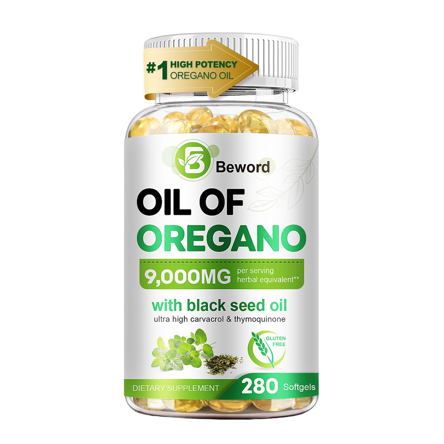 BEWORD Oil of Oregano with Black Seed Oil, 280 Softgels, 9000mg Per Serving – 2-in-1 Oregano Supplement for Immune Health with High Carvacrol & Thymoquinone | Plant-Based, Non-GMO