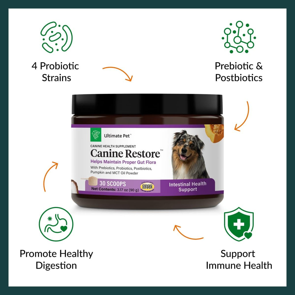 Ultimate Pet Nutrition Canine Restore, Gut Health Supplement with Prebiotics, Probiotics, & Postbiotics for Digestive Health & Immunity Support, Vet Formulated Powder Food Topper ULTIMATE PET NUTRITION Au supplements