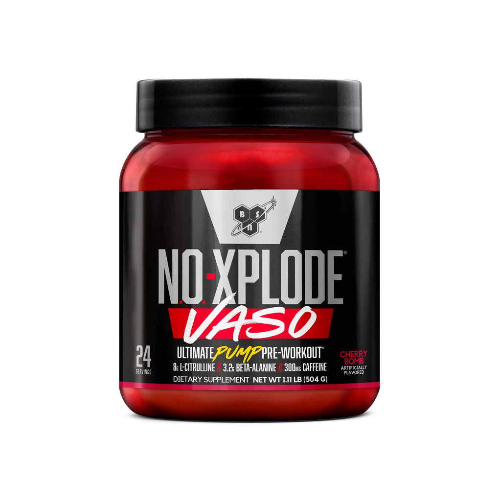 BSN N.O.-XPLODE Vaso Pre Workout Powder with 8g of L-Citrulline and 3.2g Beta-Alanine and Energy, Flavor: Cherry Bomb, 24 Servings
