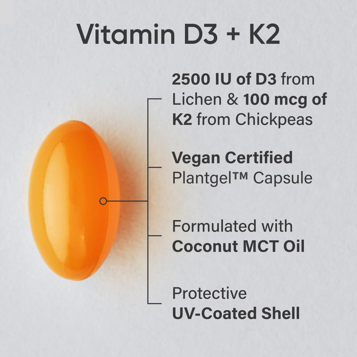 Sports Research® Vitamin D3 + K2 w/Coconut Oil - Vegan Vitamin D 2500iu (62.5mcg) & Mk7 Vitamin K 100mcg for Bone & Immune Support - Vegan Certified