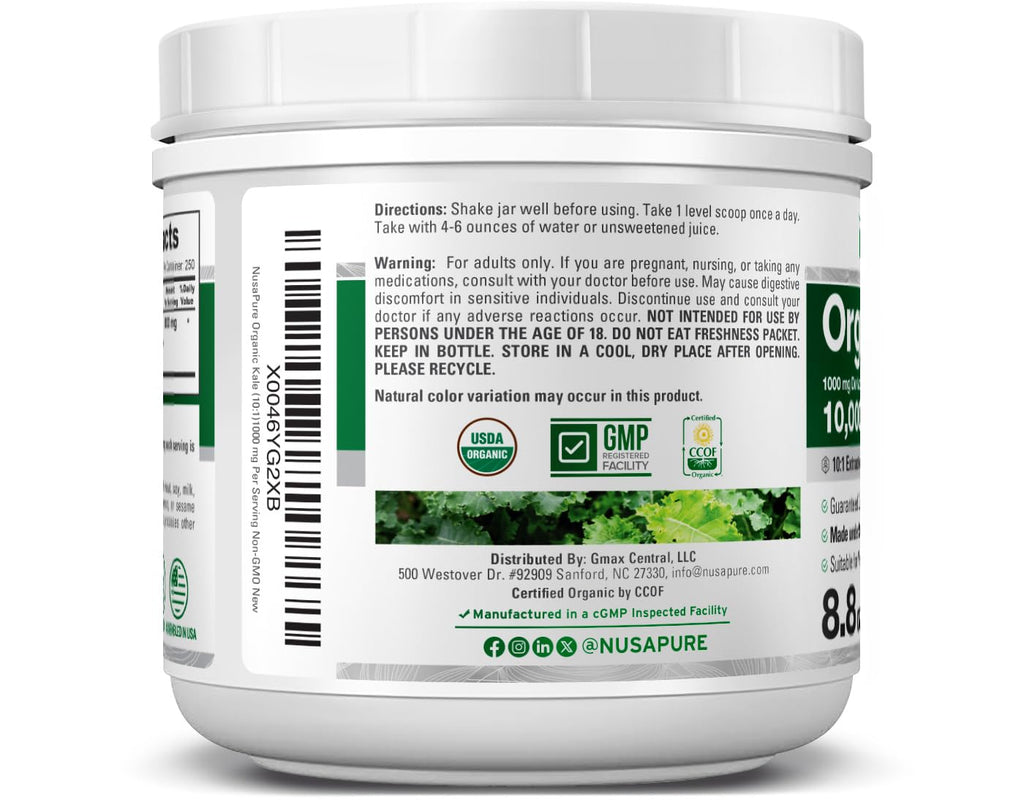 NusaPure Organic Kale Powder Extract 10:1 - Suitable for Vegetarian/Vegan, Non- GMO - 10,000 mg - 250 Capsules NusaPure Au supplements